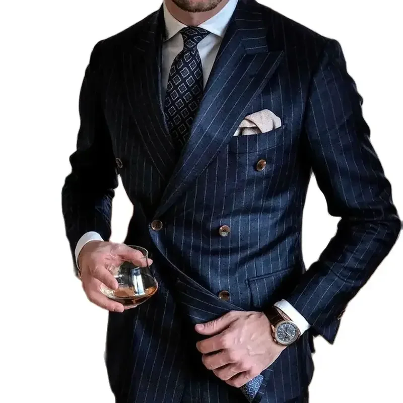 2 Piece Elegant Wedding Men Suits Regular Length Navy Blue Double Breasted Peak Lapel Stripe Jacket Pants Outfits Costume Homme