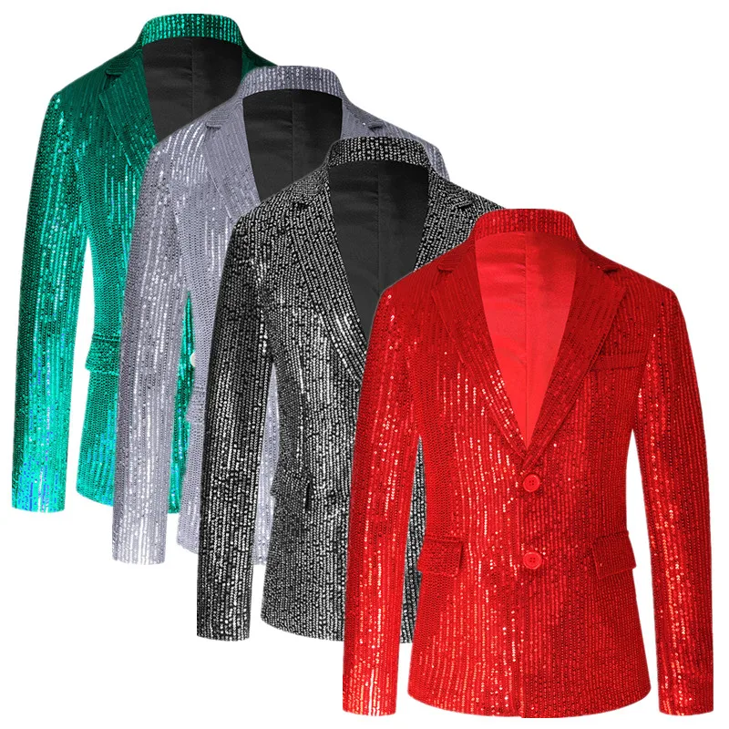

Bright Red Men Luxury Small Sequin Suit Jacket, Black / Green Fashion Male Wedding Dance Party Bar KTV Blazers Coat.