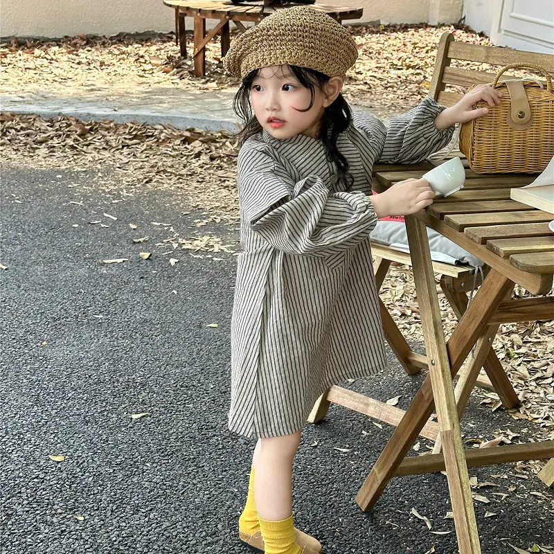 

Girls' Dress Striped Irregular Neck Long Dress Princess Dress25Spring and Autumn New Fashion Foreign Trade Children's Clothing W