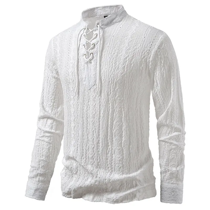 Men's Breathable Long Sleeve Pullover Shirt Jacquard Pattern Drawstring Stand Collar Casual