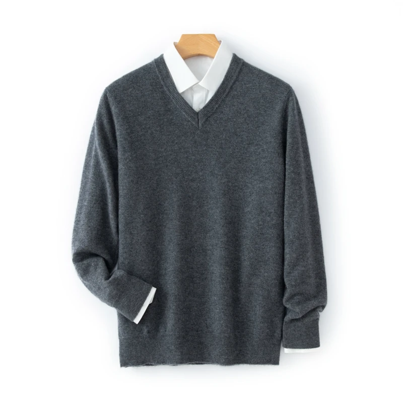 

100% Cashmere Autumn Winter Men Soft Comfort Cozy V-neck Long Sleeve Pullover Quality Minimalist Versatile Knitwear Jumper