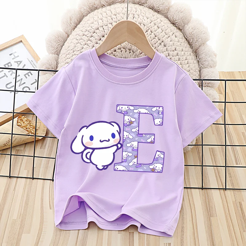 

Cinnamoroll Summer Cotton T-Shirts A-Z Letters Short Sleeve Purple Shirt Tops T Shirt Tee Anime Kid Clothing Casual Clothes Girl
