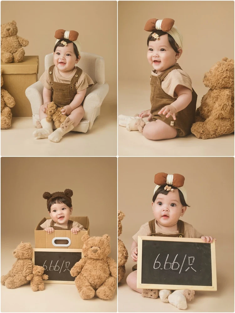 Tema ursinho de pelúcia adereços traje, macacão marrom, doce fotografia, bebê de um ano, cem dias