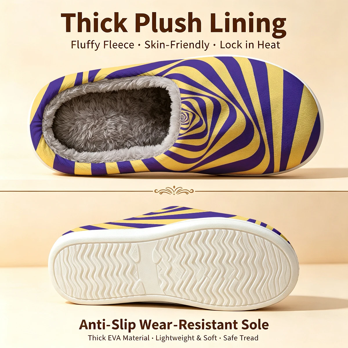Purple-Yellow Spiral Christmas White Slippers Warm Plush Indoor Shoes Non-Slip Winter Slippers Family Holiday Gifts Soft view 6