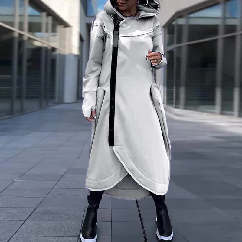 Y2K Clothes Women Winter Solid Color Hoodies Dress Autumn Long Sleeve Zipper Cardigan Dress Casual Pocket Irregular Long Dresses