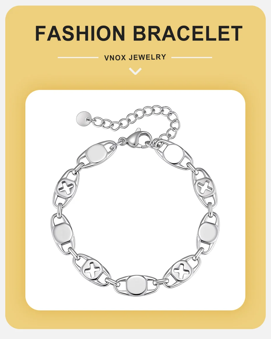 Vnox Edelstahl Kreuz-Oval-Gliederarmband, verstellbar, silberfarben, minimalistischer Armreif, Schmuckgeschenk für Herren, für den Alltag und Partys – Detail 1