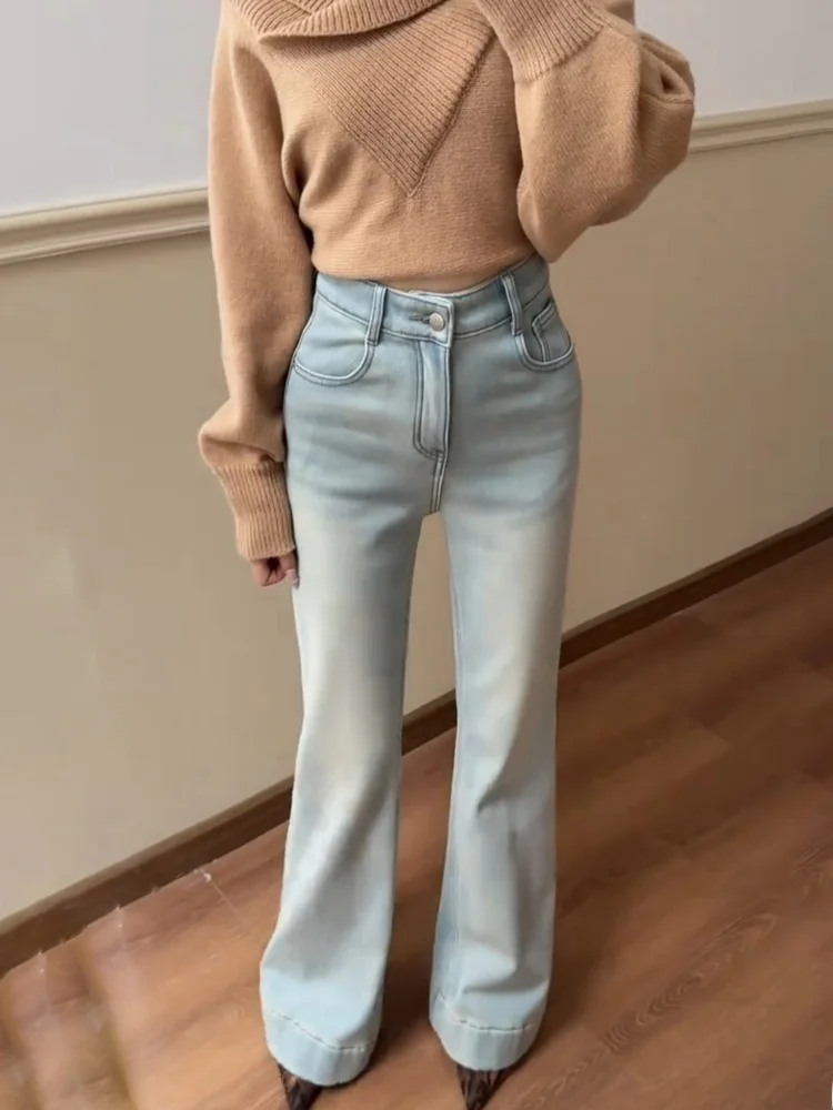 

plus Size Women's High Waist Flared Jeans Fleece Lined Thickened Straight Leg Long Trousers Autumn Winter Vintage American Style