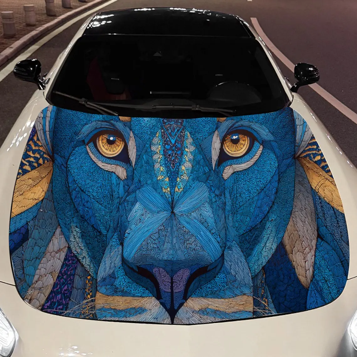 

Artistic Style Orange Eyes Blue Lion Car Hood Vinyl Stickers Car Surface Protection Decal Car Decoration Cover Vinyl Wraps Water