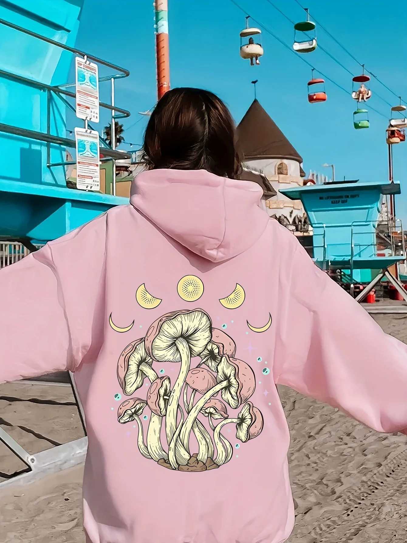 Sudadera con Capucha para Mujer con Estampado Gráfico de Fases Lunares y Hongos, Estilo Casual de Otoño, Ropa Urbana, Holgada, de Forro Polar, con Bolsillo, para Correr