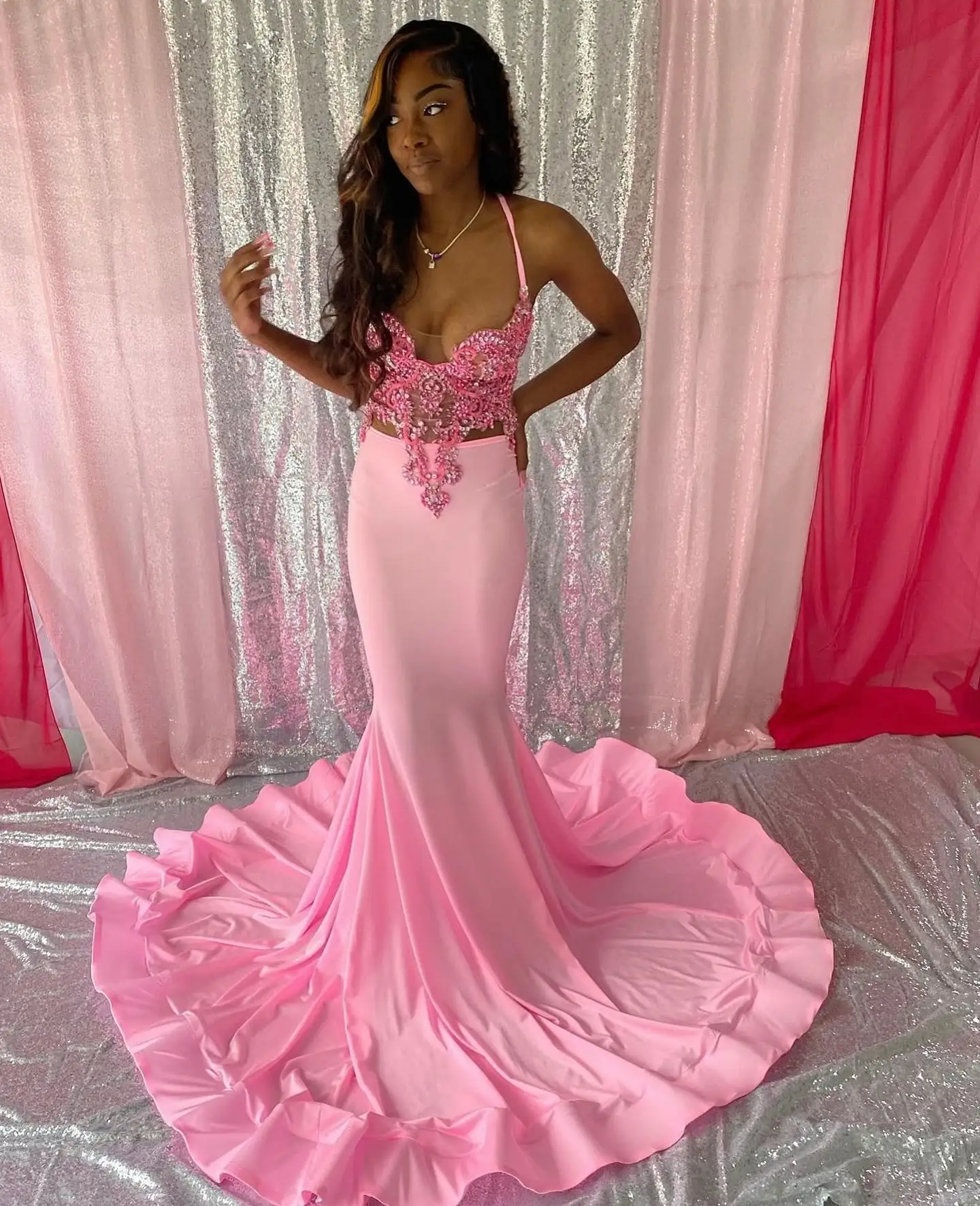 

Pink Mermaid Satin Prom Dresses Long for Women 2025 V Neck Beading Pearls Court Train Formal Evening Gowns