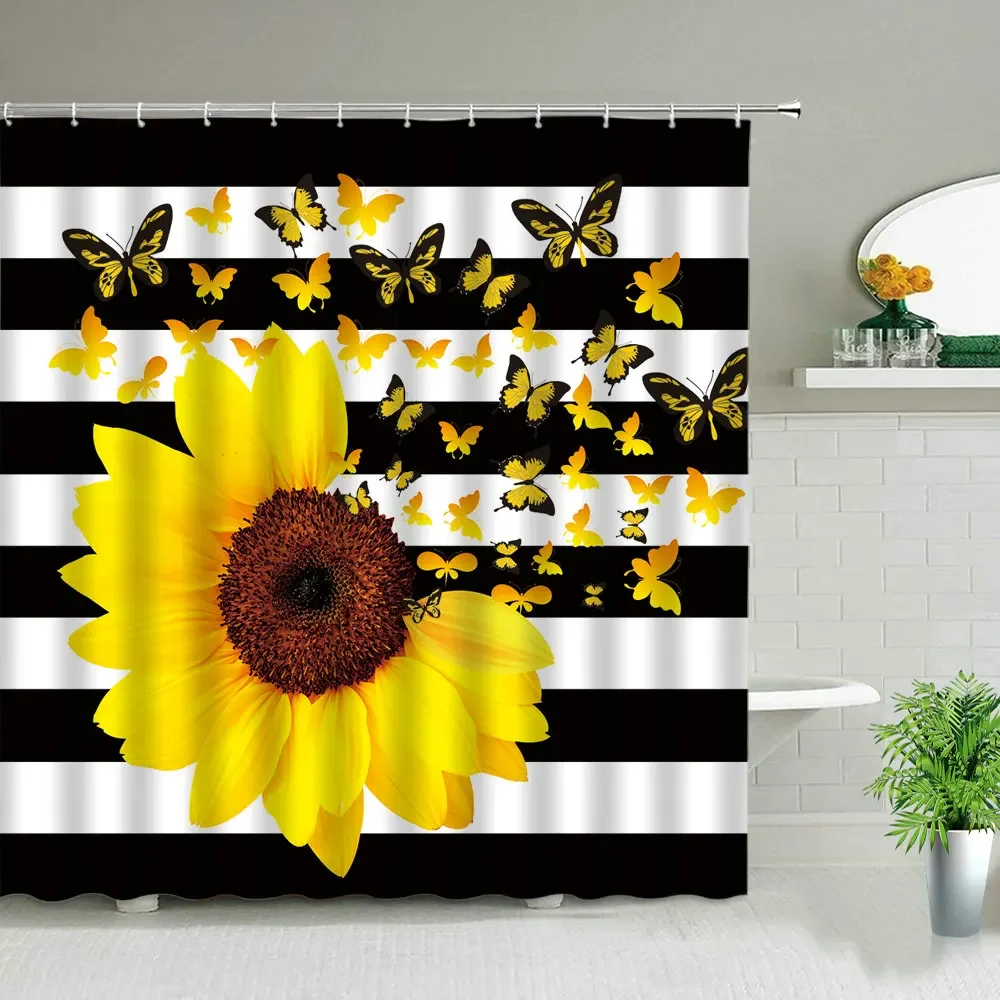 Creativity Black And White Stripes Sunflower Flower Butterfly Shower Curtains Tulip Rose Floral Plant Fashion Bathroom Curtain