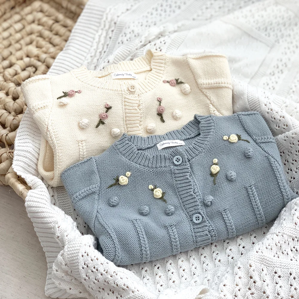 Children Clothing Kids Sweater Autumn Winter 2023 Baby Girls Flower Embroidered Cardigan Casual Simple Sweet Comfortable Top