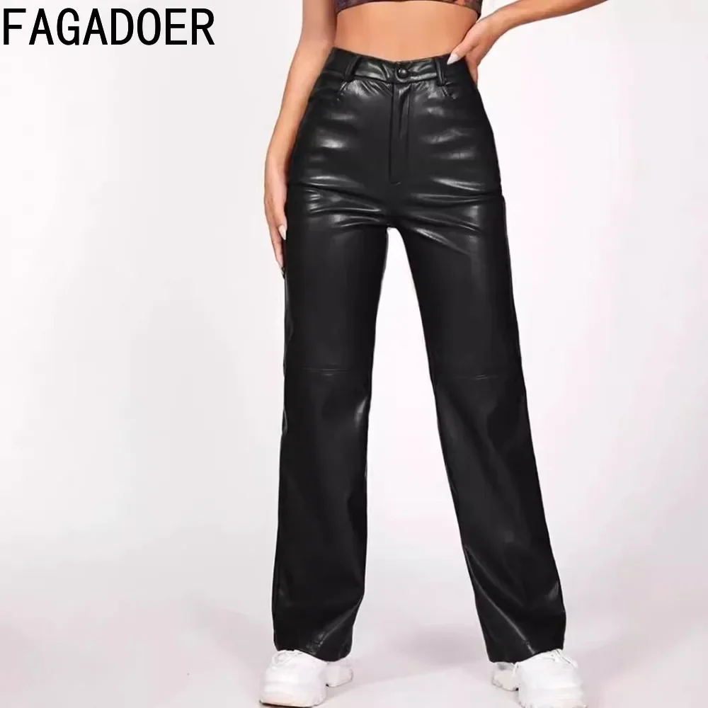 FAGADOER Black Fashion PU Leather Straight Pants Women High Waist Button Pocket Trousers Casual Female Solid Color Bottoms 2024