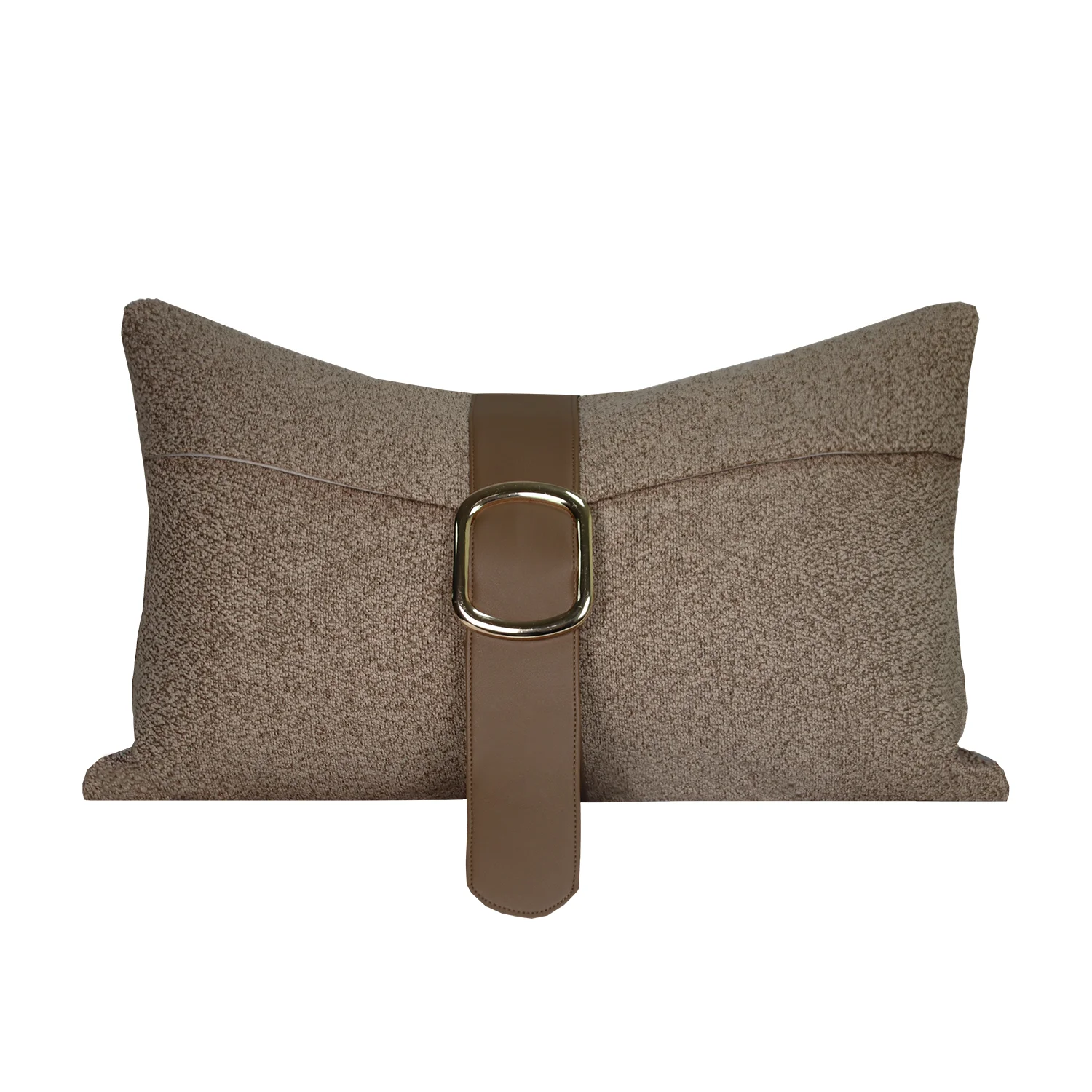 Light Luxury Lumbar Pillow Cover Grain Woven Fabric With Brown PU Belt Gold Metal Buckle Decorative Cushion Case