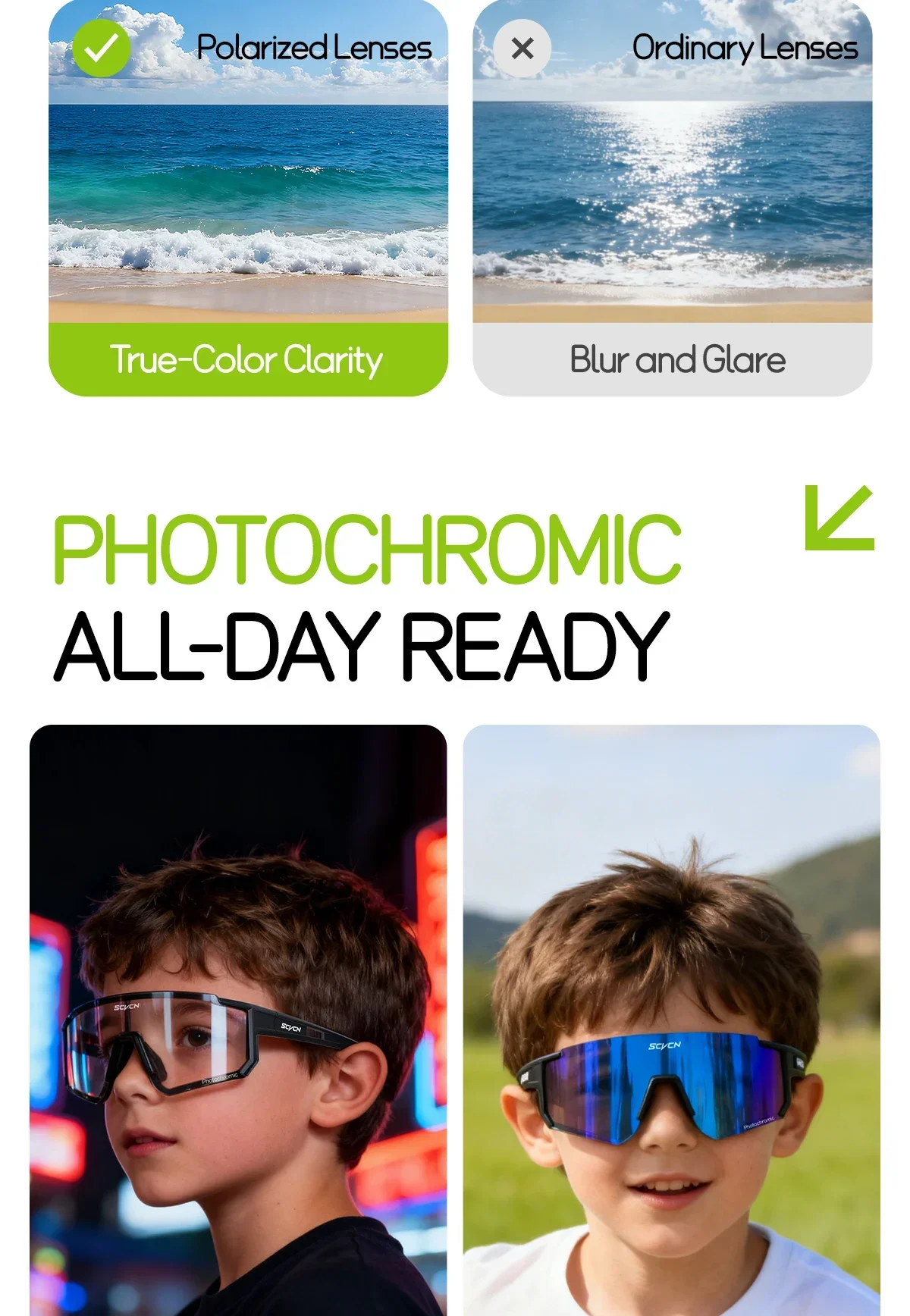 SCVCN Outdoor Kinder Photochrome Sonnenbrille Polarisierte Fahrradbrille Sport UV400 Jungen Baseball-Brille Lauf- und Wanderbrille – Detail 7
