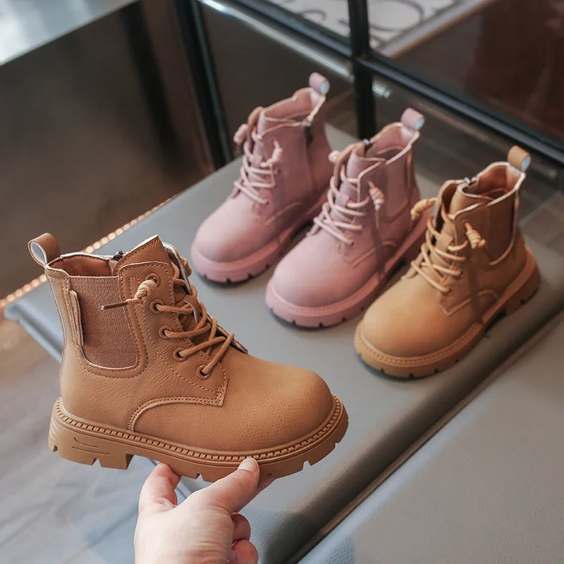 Children Outdoor Ankle Boots Lace Up Thick Bottom Boys Girls Leather Boots Fashion Daily Wear Non-slip Kids Casual Short Boots