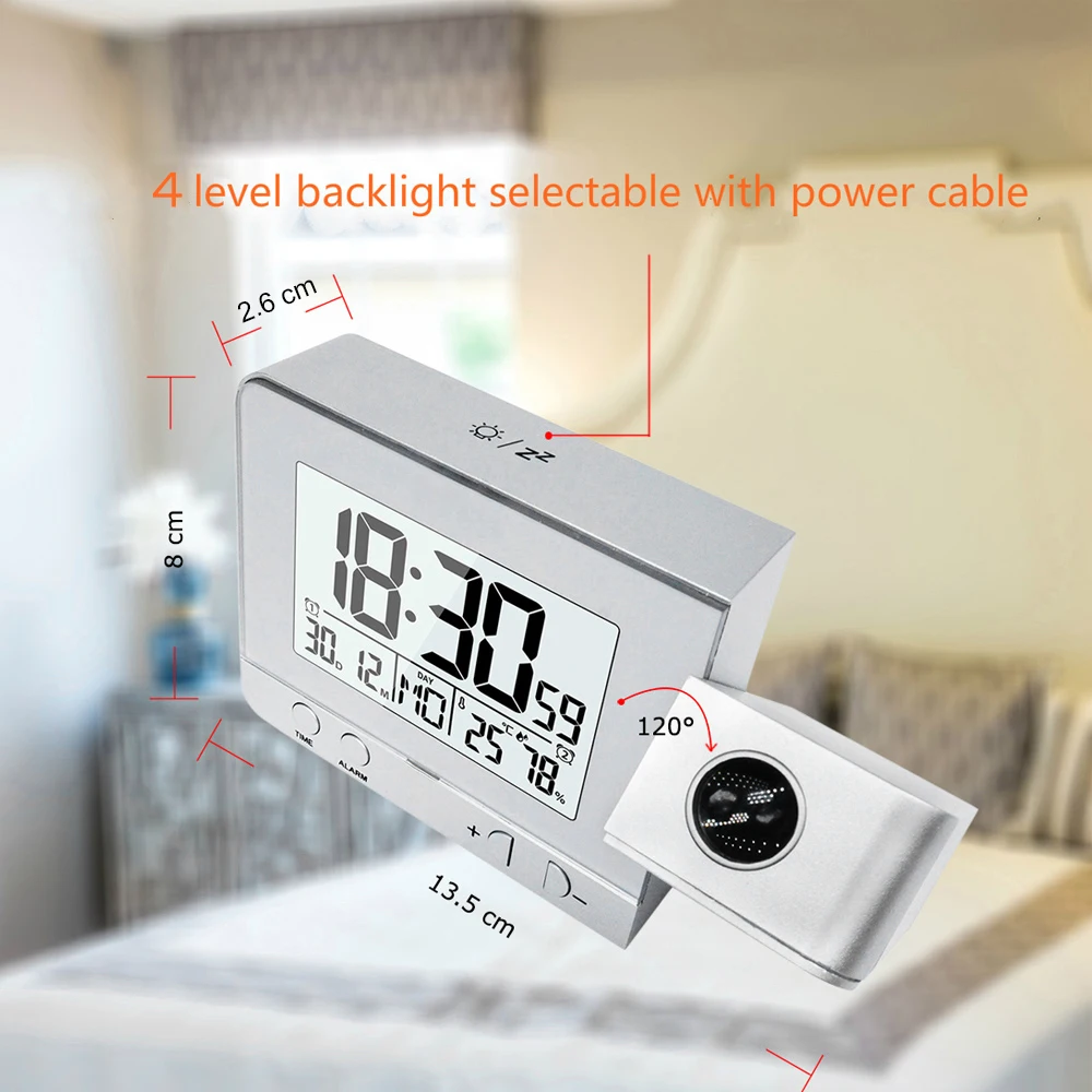 Projection Alarm Clock for Bedroom with Thermometer Hygrometer Digital  Ceiling Clock Dimmable LED Display with USB Charger