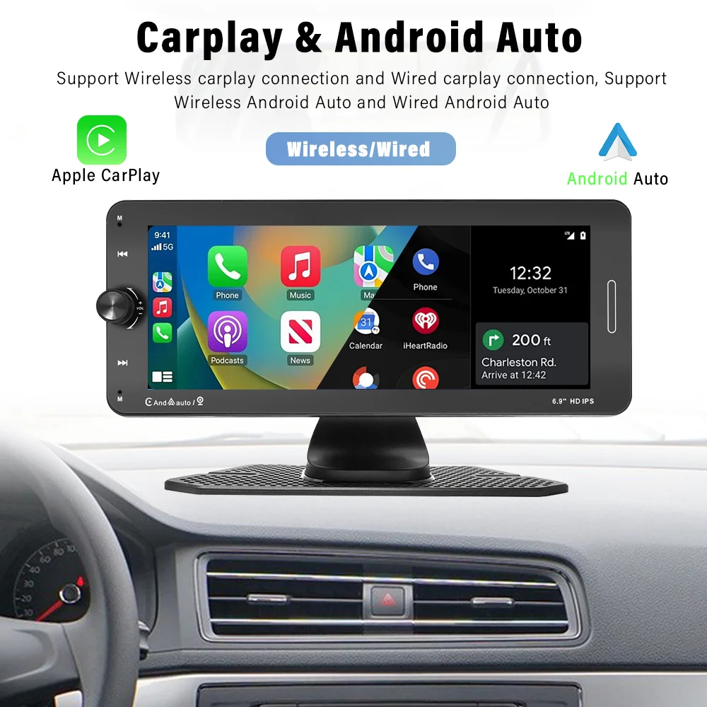 6.9 Inch Portable Car Radio Carplay Wireless Multimedia HD IPS Display Touch Screen Player Mirror Link FM Transmit Autoaudio DSP