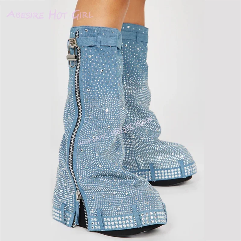 Platform Sneakers Boots Fuchsia Crystal Beads Women Round Denim Blue Zipper Legs Booties Spring Metallic Silver Buttons Street