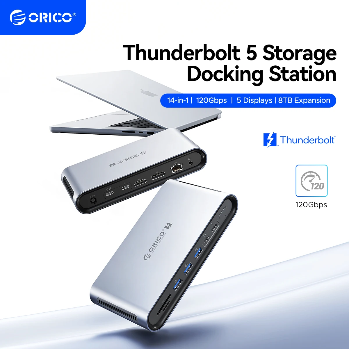 ORICO Thunderbolt 5 120Gbps Docking Station M.2 NVMe SSD 8K HDMI-com DP 140W PD 2.5G Ethernet SD4.0 USB-A 10Gbps HUB for MacBook