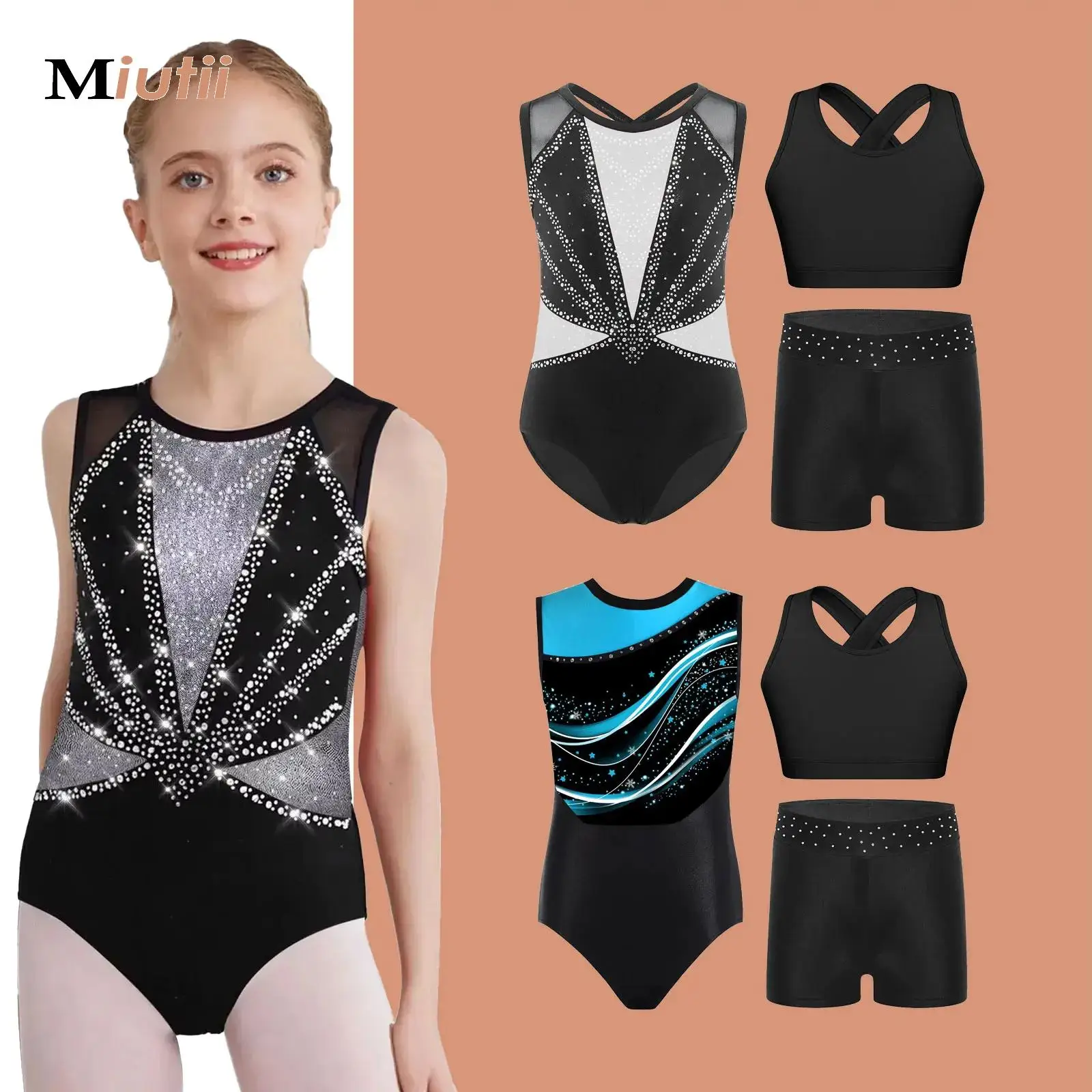 

Kids Girl Ballet Dance Jersey Gymnastic Leotard Sleeveless Bodysuit with Vest And Shorts Stage Performance Dancewear Sportswear