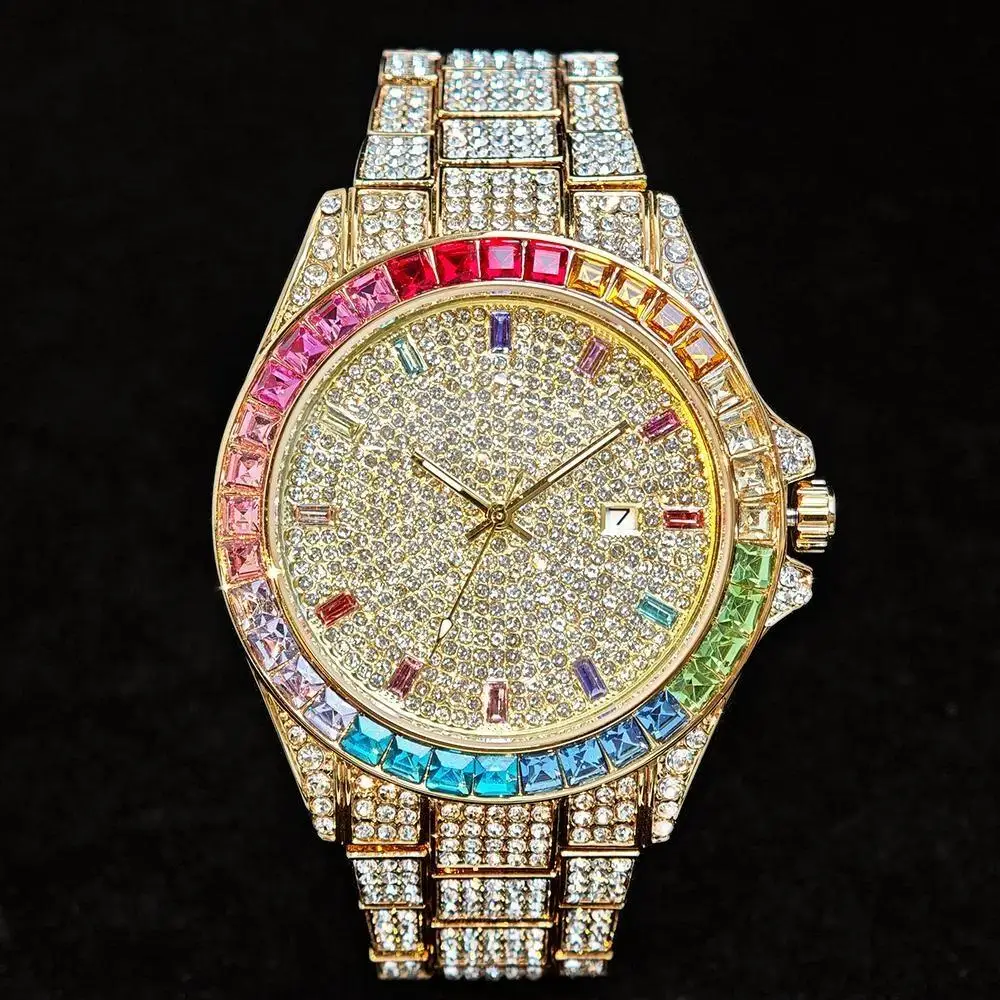 2025 Fashion Luxury Brand Rainbow Ice Diamond Waterproof Watches For Men Hip Hop  Sparkling Jewelry Male Quartz Wrist Watch Gift