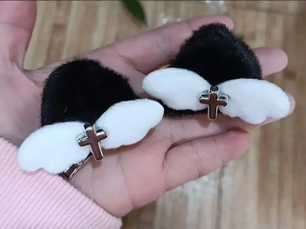 1 Pair White Angel Wing Hairpins Black Cat Ear Cross Gothic Y2K Girls Plush Hair Clips Halloween Cosplay Headwear