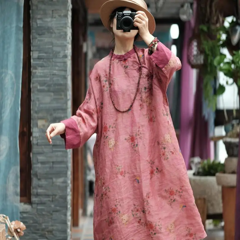 ใหม่ 2025 ฤดูใบไม้ผลิศิลปะสไตล์ผู้หญิงคอยาวแขนยาวหลวมVINTAGEปุ่มRamieดอกไม้พิมพ์คุณภาพสูงB42