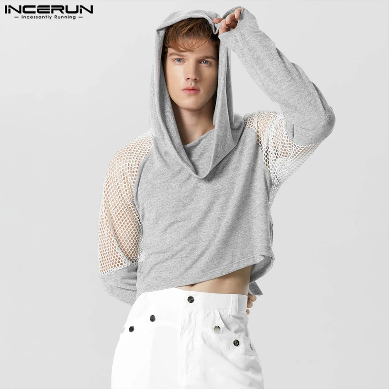 INCERUN 2023 Men Hoodies Mesh Patchwork Hooded Long Sleeve Male Crop Sweatshirts Transparent Streetwear Fashion Casual Pullovers