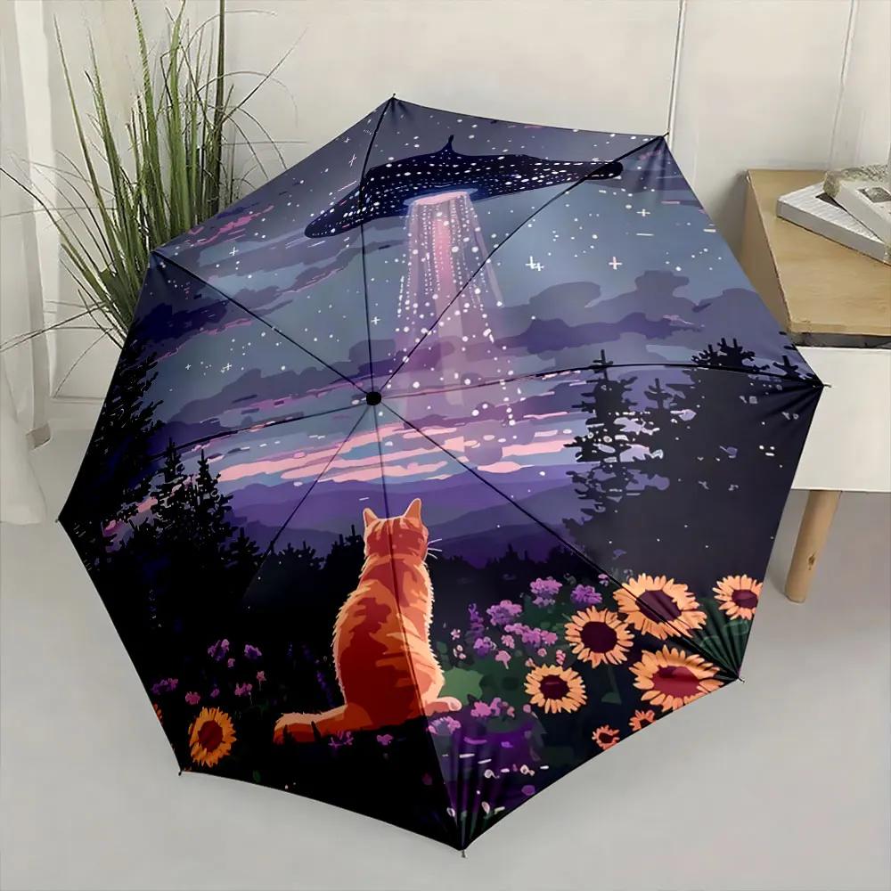 Magical Night Scene: Cat and UFO in Flower Field Compact Fashion Folding Umbrella for Daily Use, Christmas Gift