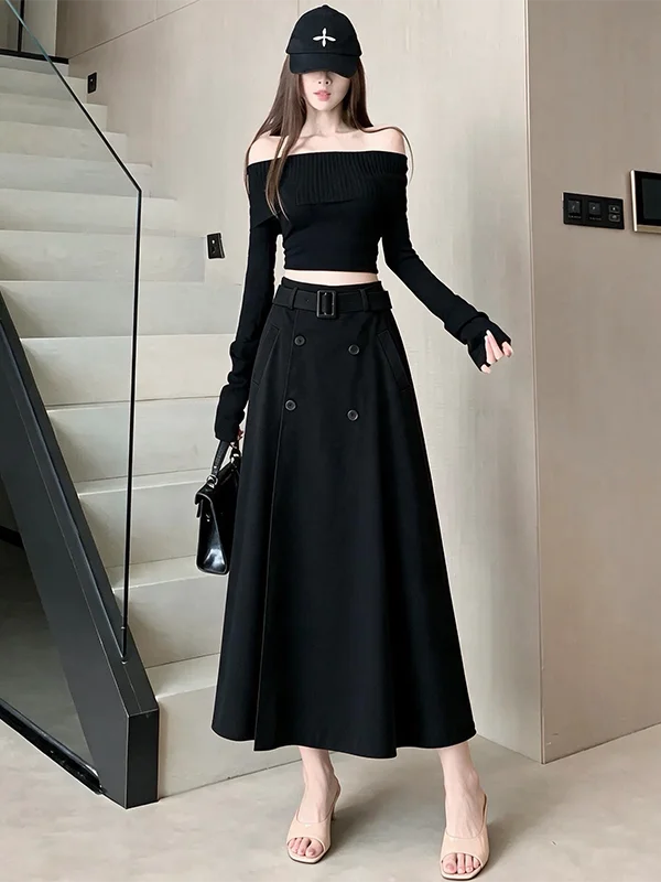 Elegant High Waist A-Line Midi Skirt for Women Commute Fabric Double Breasted Belted Knee Length Polyester Fiber