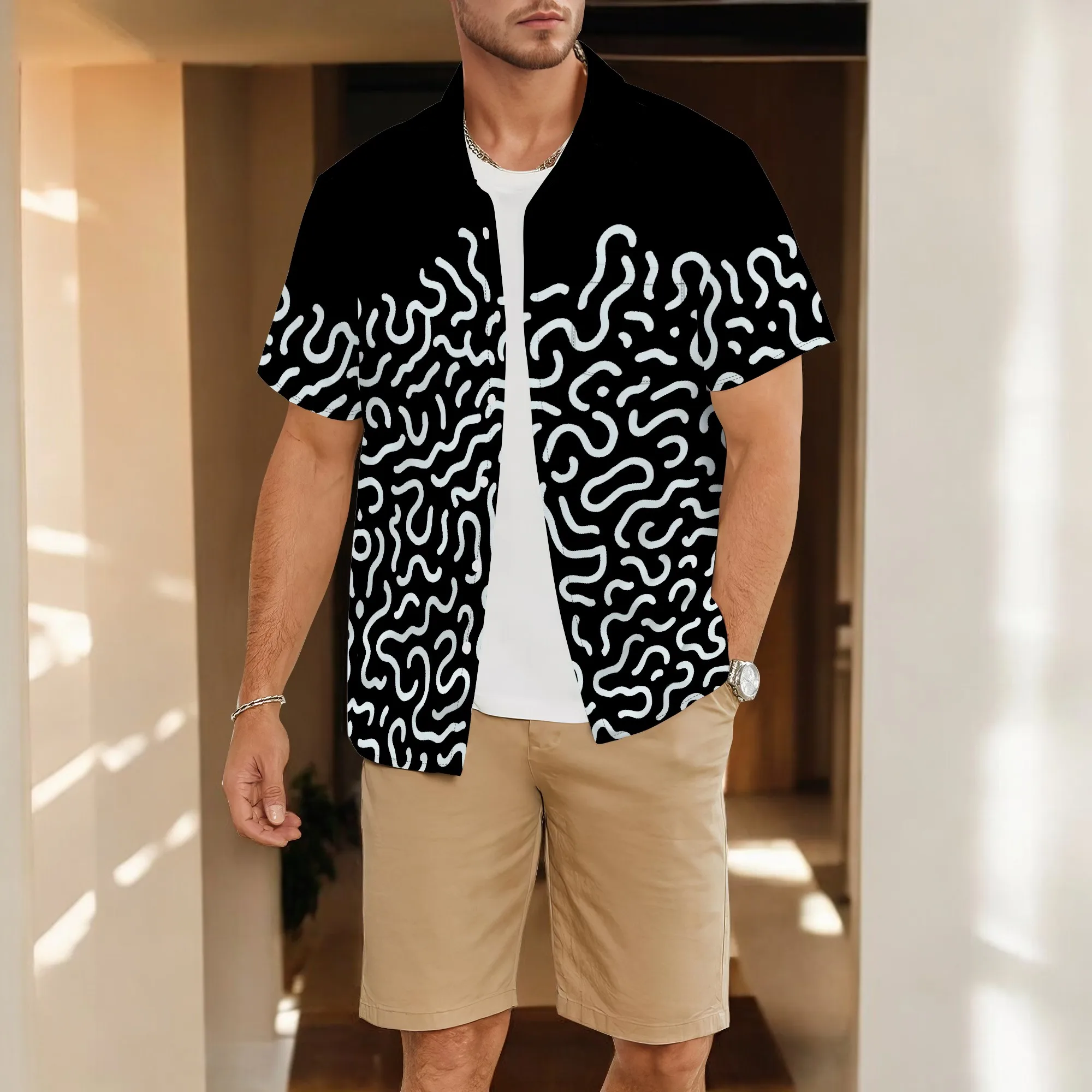 YEAE Men's Grey Geometric Shirt 100% Cotton Short Sleeve Casual Vacation Summer Chic