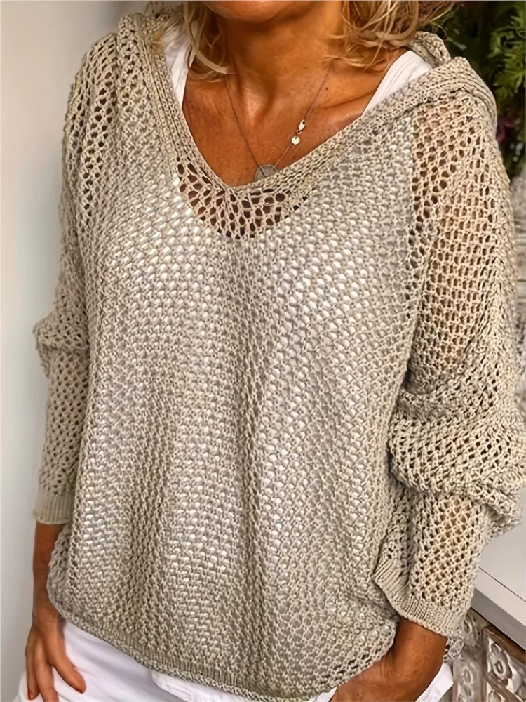 

Casual Hollow Out Hooded Sweater For Women Fashion Long Sleeve Pullover Knit Sweaters Tops Lady Holiday Womens Clothing Autumn