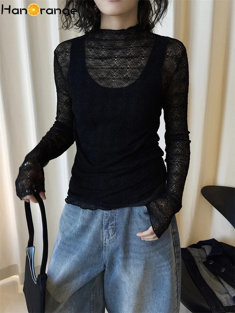 

HanOrange 2026 Spring Simple Half TurtleNeck Thin Knitted Bottom Tees Women Slim Fit Slimming Perspective Top White/Black