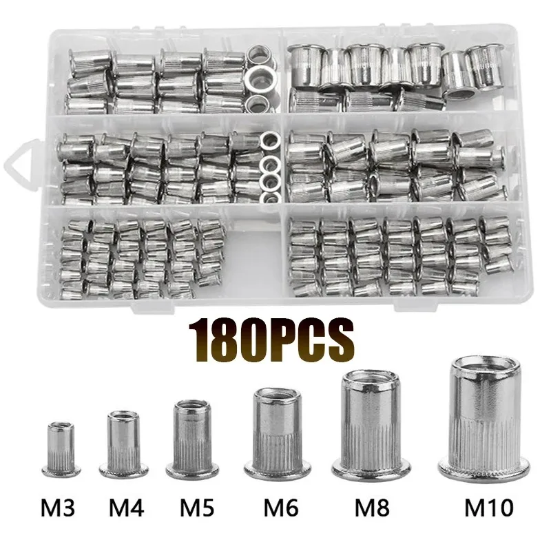 

180 шт. 304 дюйма, нержавеющая сталь M3, M4, M5, M6, M8, M10, плоская вставка с потайной головкой, гайка, заклепка, гайка, набор аксессуаров