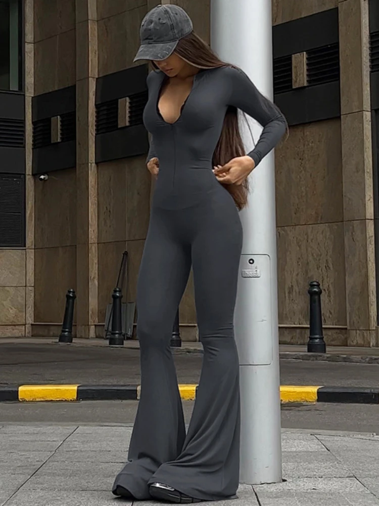 WeiYao-mono Sexy con cremallera para mujer, ropa moldeadora de cuerpo, Cuello medio alto, Bodycon, mangas largas, pantalones de fondo de campana, ropa de calle para discoteca