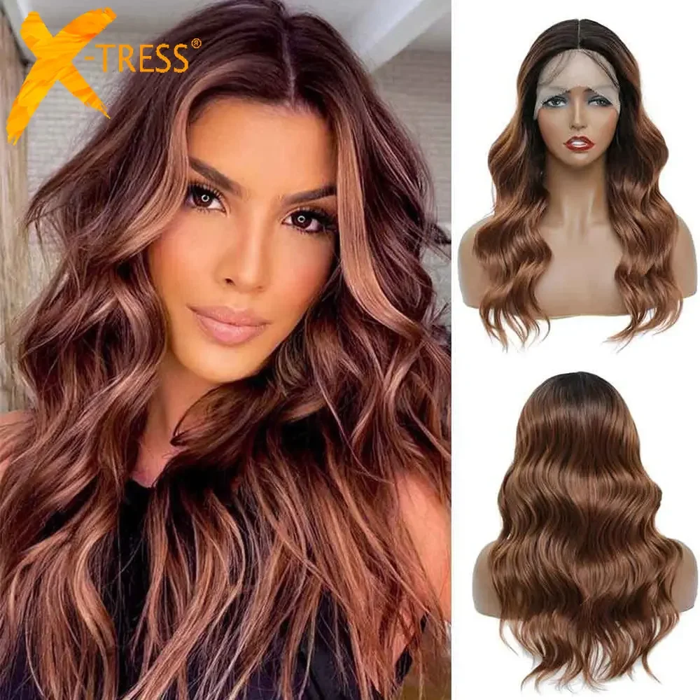 

X-TRESS Ombre Honey Brown Synthetic Lace Front Wigs For Black Women Fashion Color Design Medium Length Hair Wig With Baby Hair