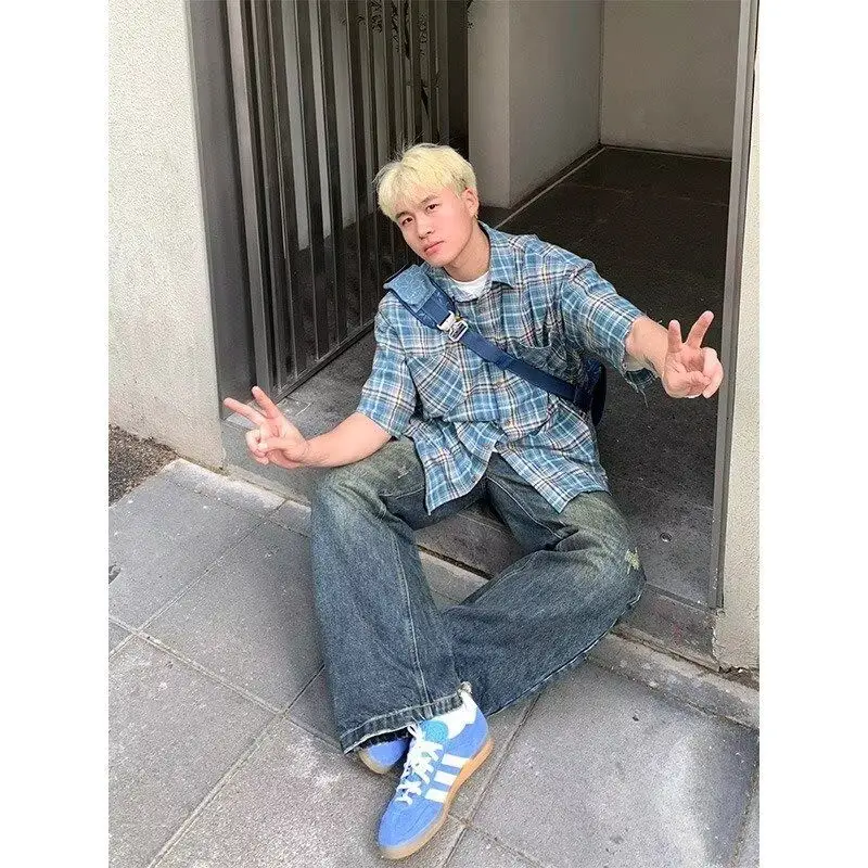 

Американская ретро High Street Plaid irt Свободная повседневная верхняя одежда для пар Длинный топ све Harajuku Sle Полиэфирное волокно Stan...