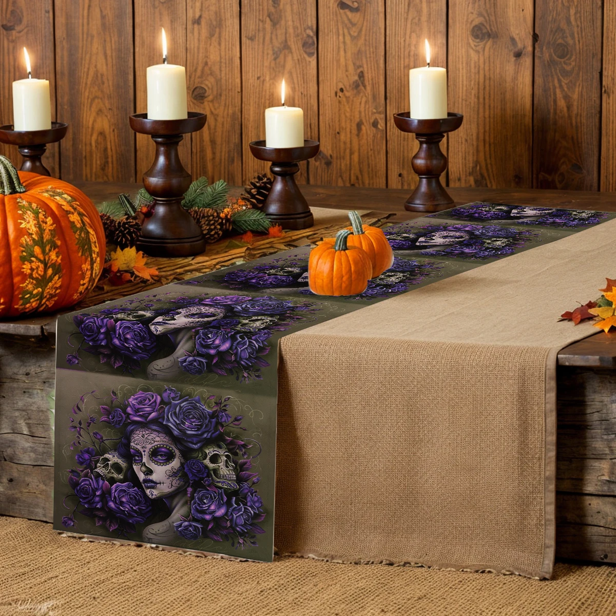 Halloween Witch Rose Tattoo Table Runner Kitchen Dining Decoration Table Runners Holiday Decorations Room Decor