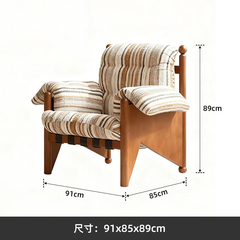 Medieval solid wood single sofa chair striped fabric designer leisure chair living room bedroom balcony bed and breakfast rest 5