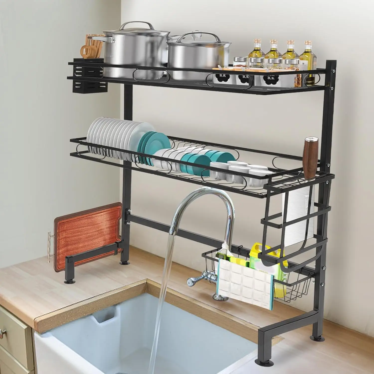 

Dish Drying Rack Over Sink 2 Tier,2 Cutlery Holders Large Drainer for Kitchen Storage Counter Organization,Stainless Steel, 25in