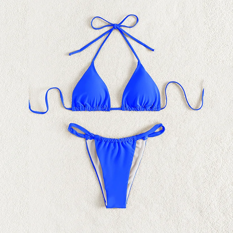 Blauwe Bikini Sets Sexy Halter Driehoek Bikini Micro String Badpak 2024 Badmode Vrouwen Ruches Badpak 2 Delige Mujer Biquini