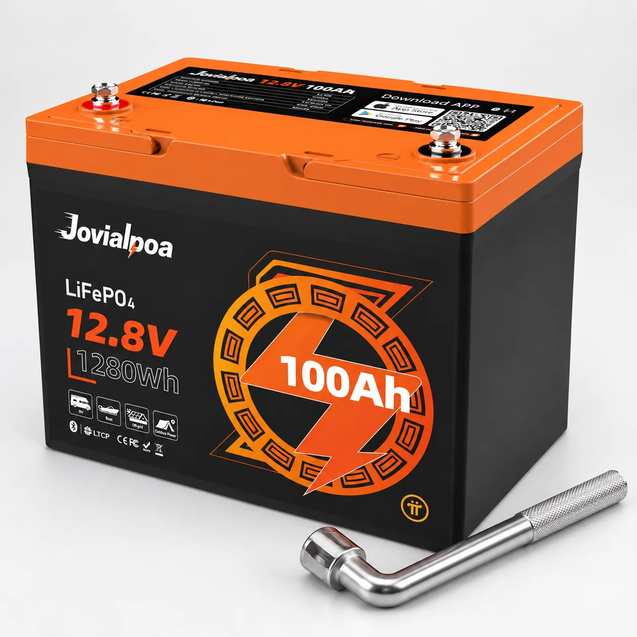 LTCP 12V 100Ah LiFePO4 Lithium Battery with Bluetooth & L-Shaped Socket Wrench, Max. 1280Wh Energy, Low Temperature Protection for RV, Vans, Trolling Motor, Off-Grid, Camping, 2-Year Warranty, UL 1973
