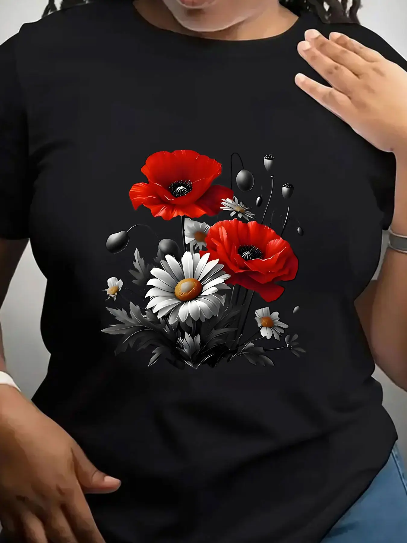 Women's Trendy Crew Neck T-Shirt Red Poppies and White Daisies Suitable for Casual Sportswear