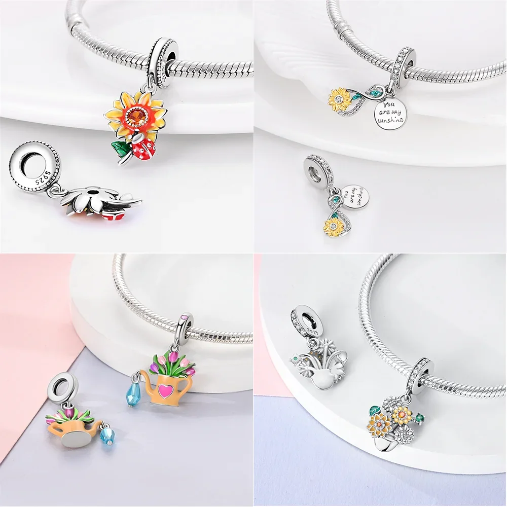 Silver 925 Tulips Sunflowers Carnations Beads Charms Fit DIY Original Bracelets Necklaces for Women Jewelry Gift