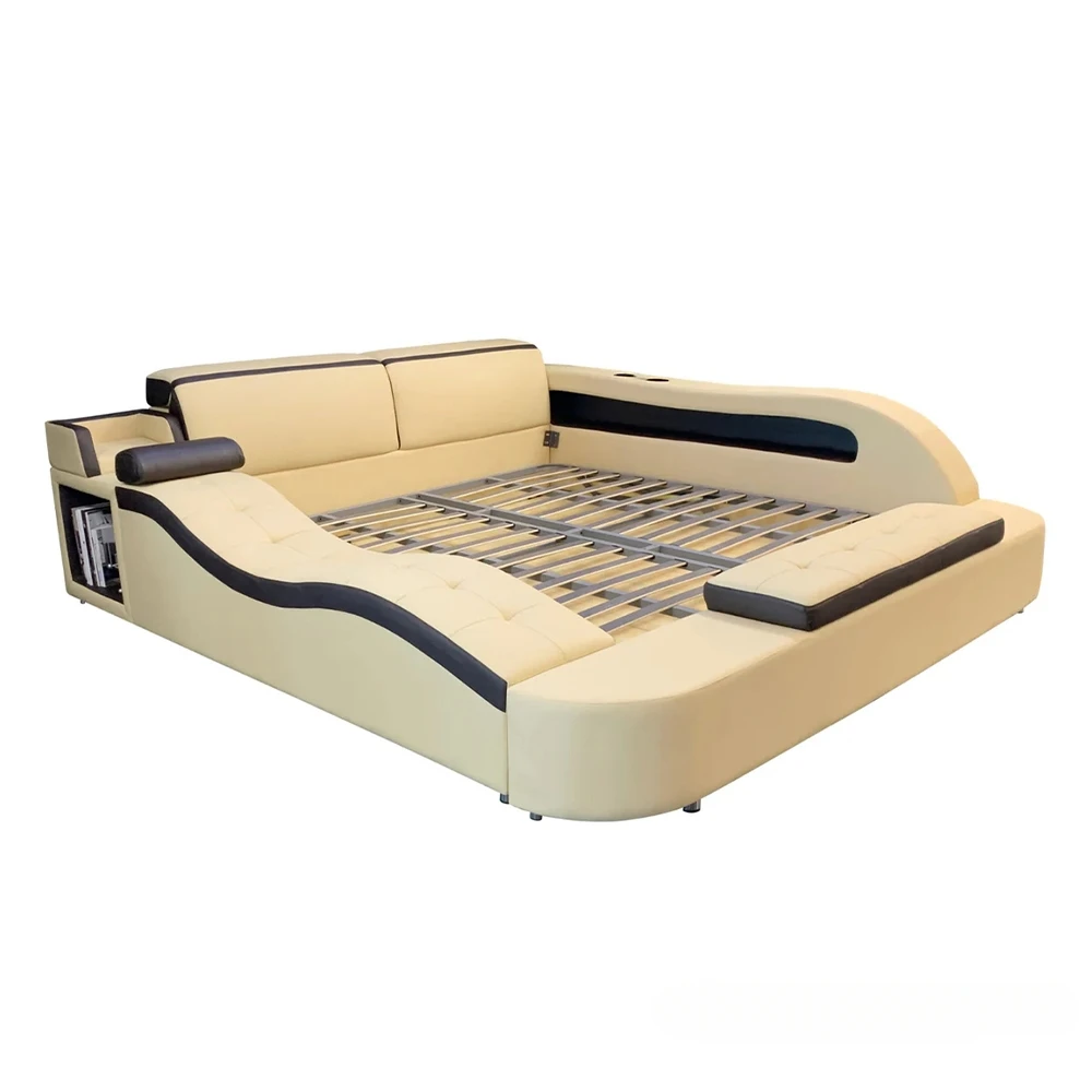 Multifunctional Ultimate Bed 2 People With Tatami, Storage, Cup Holder | Modern Genuine Leather Upholstered Smart Bed