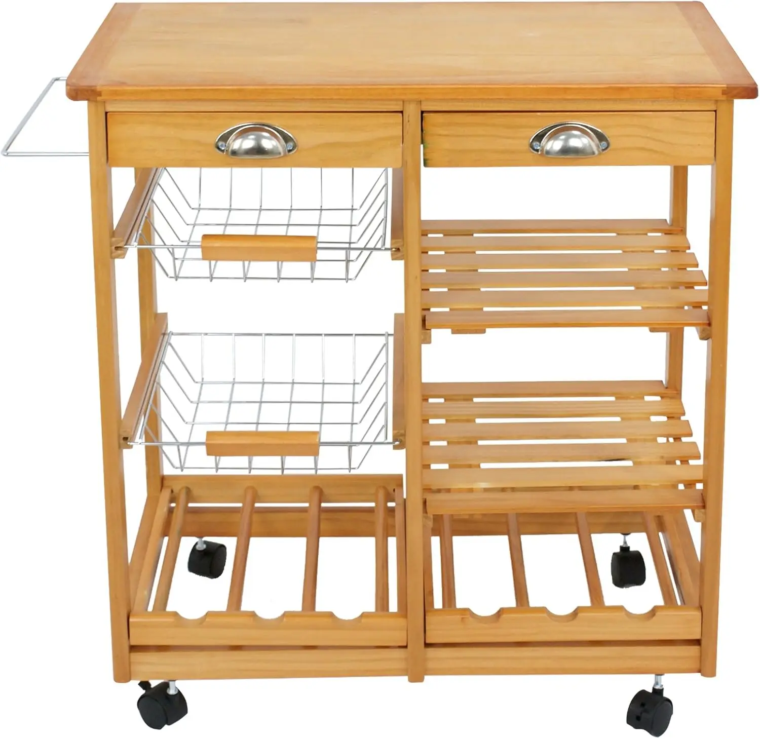 ier Rolling Kitchen Island Trolley Utility Wood Kitchen Storage Cart Microwave Cart W/Towel Rack, Drawers, Shelves, 6 Bottle