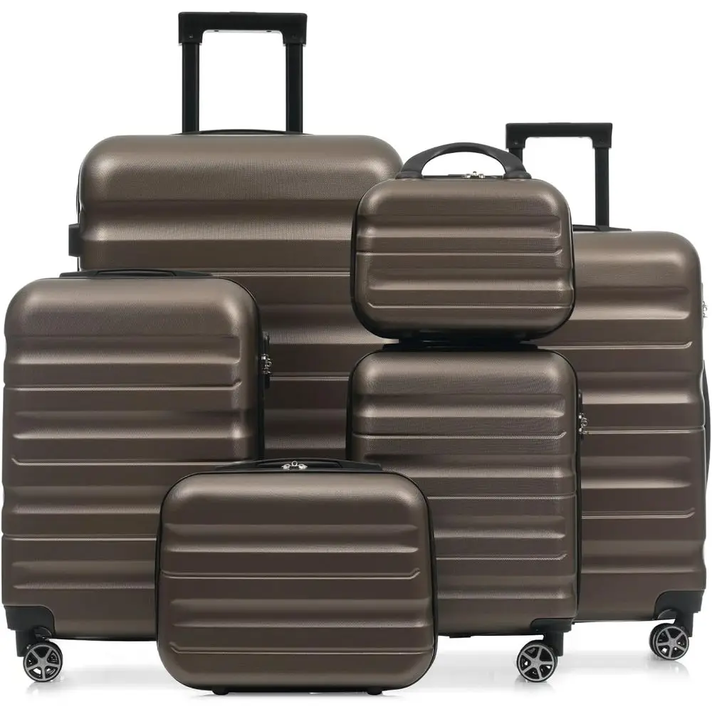 

6-Piece Hardshell ABS Luggage Set with 8 Silent Spinners, Lightweight and Durable for Travel and Family Trips, Brown