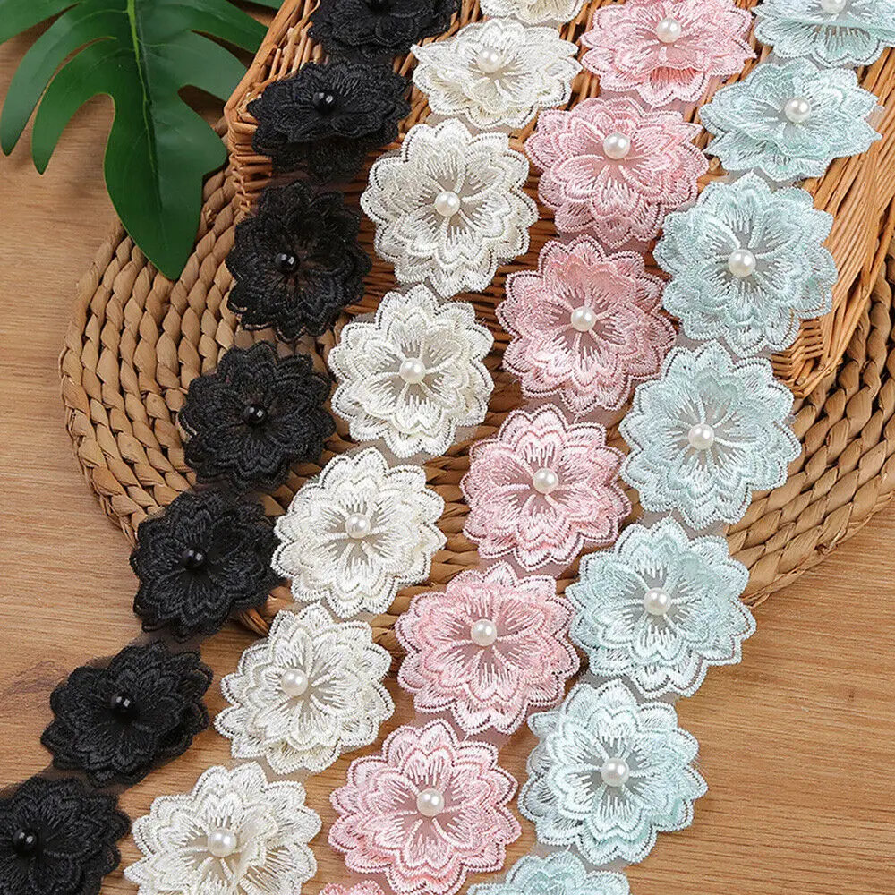 1 Yard 5.5CM Flowers Pearl Beads Lace Trim Ribbon Wedding Dress Sewing Craft