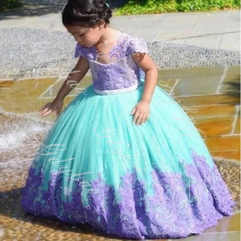 Cute Lace Flower Girl Dresses for Wedding Little Girls Lavender Bow Puffy Tulle Pageant First Communion Birthday Party Ball Gown